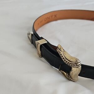 Onyx Black Leather Belt with Gold-Tone Western Buckles